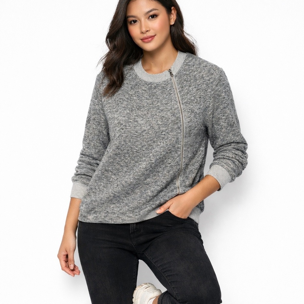 Theory Sonan Grey‎ Heathered Wool Blend Asymmetrical Zip Sweater Jacket Womens P